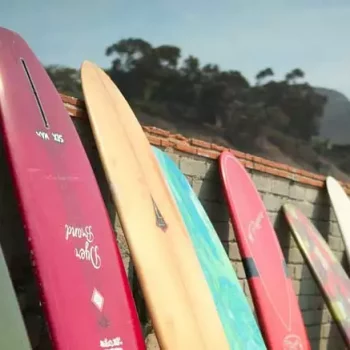 Malibu Surfboards aufgestellt am Strand